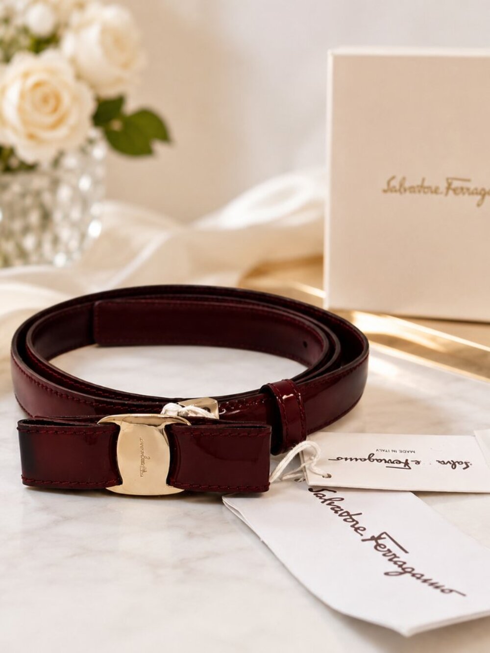 Salvatore Ferragamo Bordeaux Patent Leather Belt Size XL NWT